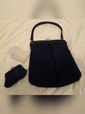 Vintage Morris Moskowitz Navy Blue Kisslock Wool Handbag Satin Coin Purse Mirror